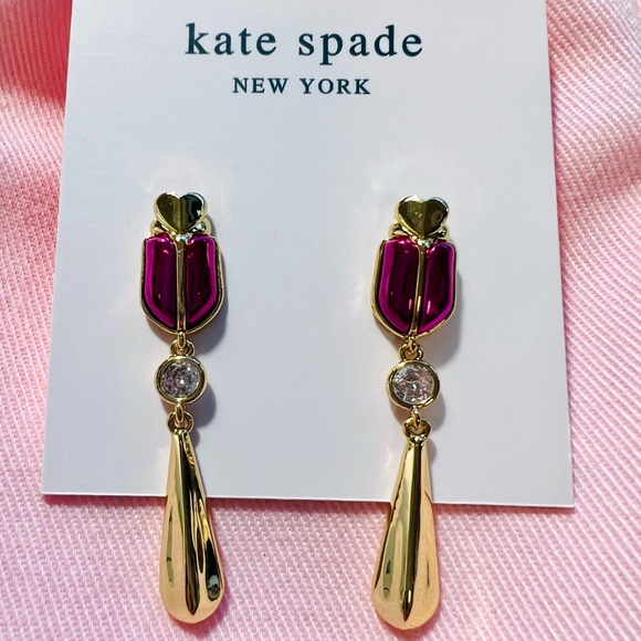 $88 Kate Spade ‘love bug’ beetle drop earrings in magenta and gold - Picture 4 of 5